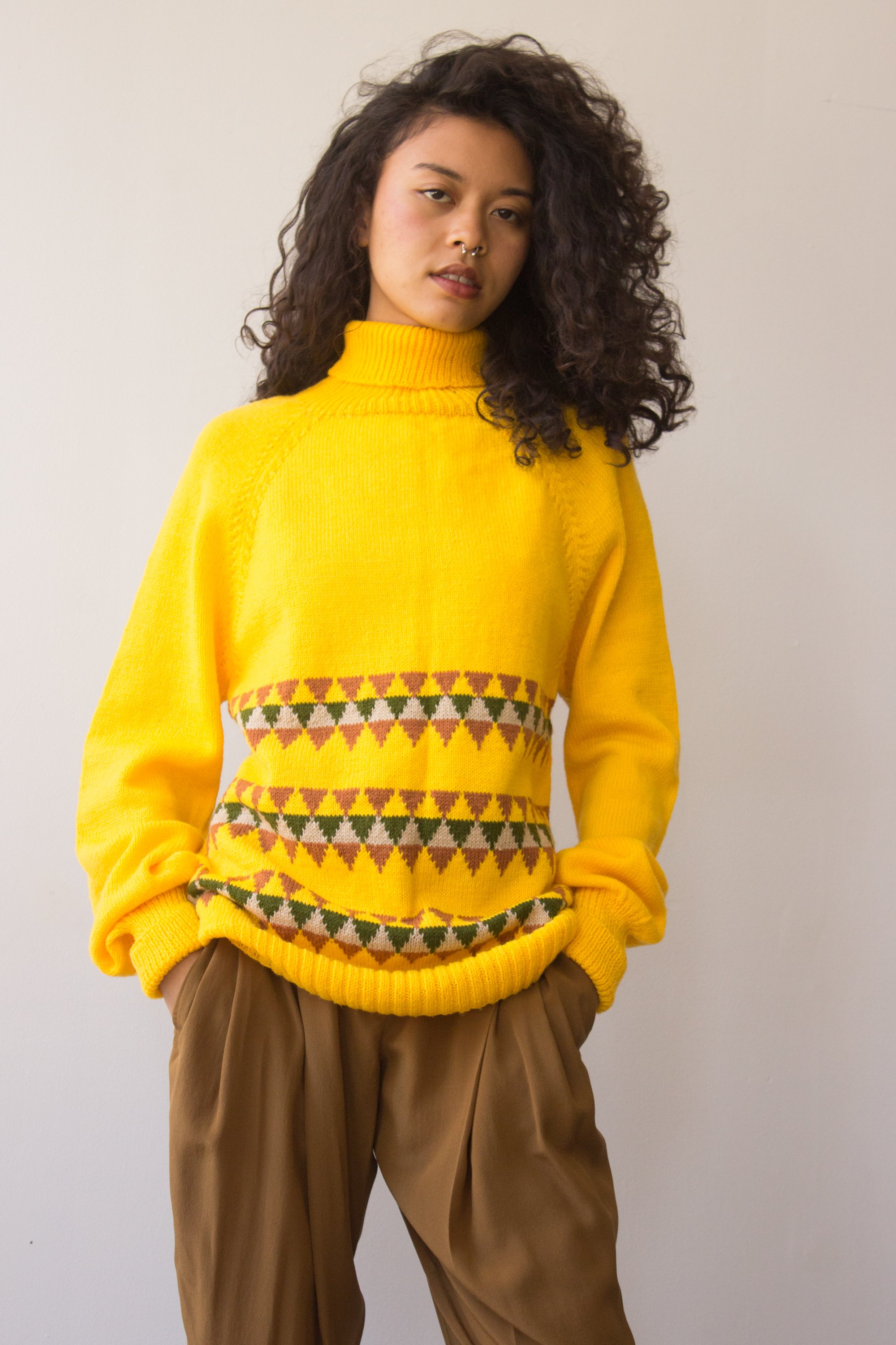1980s Yellow Triangle Border Print Knit Turtleneck — Wayward Collection